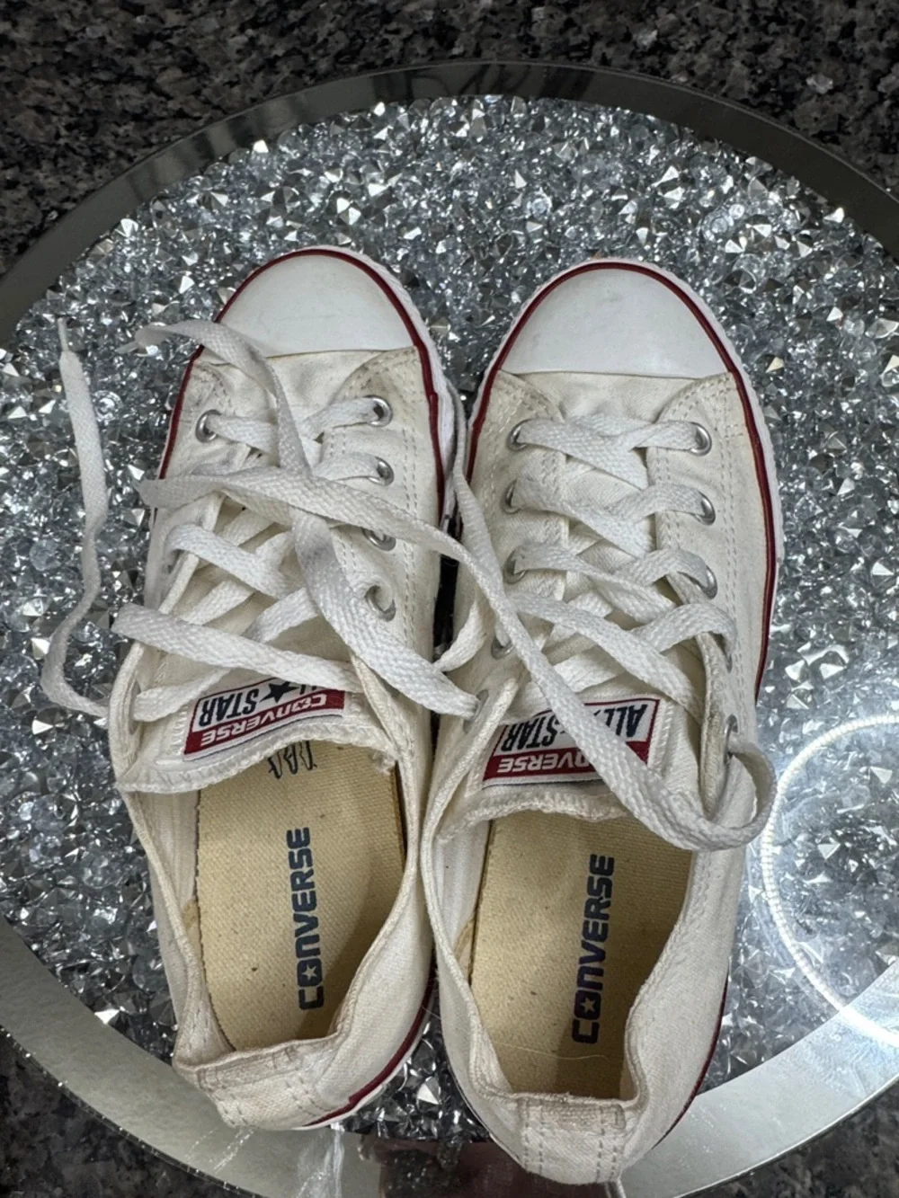 Converse Low Top Canvas Sneakers - White with Red Stripe womens 5 Youth 3